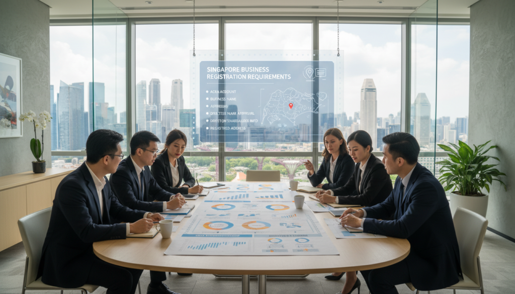 A bright, modern office space filled with professionals discussing various business structures. In the foreground, a diverse group of individuals in professional business attire are seated around a sleek conference table, examining charts and diagrams that illustrate different business types, like sole proprietorships, partnerships, and corporations. In the middle ground, a large digital screen displays infographics highlighting the registration requirements in Singapore. The background features large windows with a cityscape view, showcasing iconic Singaporean skyscrapers under soft, natural daylight. The atmosphere is collaborative and focused, evoking a sense of important decision-making in a vibrant, professional environment. The image should be photorealistic, captured with a wide-angle lens to emphasize the workspace.