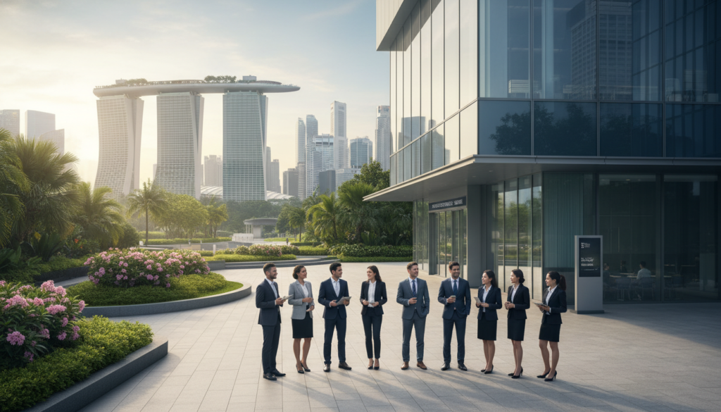 A bustling banking landscape in Singapore, showcasing the modern skyline featuring iconic skyscrapers like Marina Bay Sands and the Raffles Place area in the background. In the foreground, a diverse group of professionals in formal business attire engage in discussions outside a contemporary bank building, embodying a sense of partnership and opportunity. The scene is illuminated by soft, natural light, suggesting early morning or late afternoon, enhancing the vibrant colors of the city. Include lush greenery and well-maintained pathways to portray a harmonious blend of nature and urban development. The image conveys a professional and welcoming atmosphere, ideal for those looking to navigate the financial services available to foreigners in Singapore.