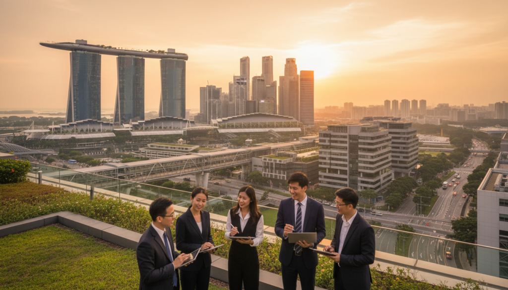 A bustling business district in Singapore during the golden hour, showcasing iconic skyscrapers like the Marina Bay Sands and the Raffles Place. In the foreground, a diverse group of professionals, men and women in sharp business attire, discuss plans while holding laptops and digital tablets, symbolizing innovation and collaboration. The middle ground features modern office buildings with green spaces, reflecting Singapore's blend of nature and urban life. The background is illuminated by a warm, soft light as the sun sets, creating an inviting atmosphere. Capture the vibrancy and dynamism of Singapore's business environment, evoking a sense of opportunity and growth. The perspective should be slightly elevated, giving a panoramic view that emphasizes the scale and modernity of the city.