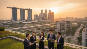 A bustling business district in Singapore during the golden hour, showcasing iconic skyscrapers like the Marina Bay Sands and the Raffles Place. In the foreground, a diverse group of professionals, men and women in sharp business attire, discuss plans while holding laptops and digital tablets, symbolizing innovation and collaboration. The middle ground features modern office buildings with green spaces, reflecting Singapore's blend of nature and urban life. The background is illuminated by a warm, soft light as the sun sets, creating an inviting atmosphere. Capture the vibrancy and dynamism of Singapore's business environment, evoking a sense of opportunity and growth. The perspective should be slightly elevated, giving a panoramic view that emphasizes the scale and modernity of the city.
