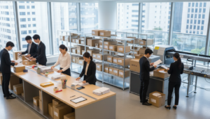 A bustling mail handling center in an urban office environment. In the foreground, a diverse group of professionals dressed in smart business attire efficiently sorting and packaging letters and parcels on a sleek workstation. In the middle, neatly arranged shelves filled with packages of varying sizes, while a modern sorting machine processes incoming mail. In the background, large windows allow natural light to flood the space, creating a warm and inviting atmosphere. The scene conveys a sense of organization and professionalism, highlighting the workflow of mail forwarding and handling services. The image should have a photorealistic quality with soft, ambient lighting to enhance the productive mood of the environment, captured from a slightly elevated angle to showcase the workspace.