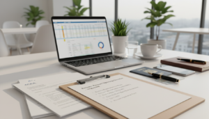 A clean, organized desk scene featuring an array of essential documents for opening a business bank account in Singapore. In the foreground, a clipboard holds a checklist with items like business registration certificate, identification documents, and tax forms, all depicted in a neat, professional manner. The middle ground showcases a stylish laptop with spreadsheets open, a sophisticated fountain pen, and a smartphone, projecting an atmosphere of productivity. In the background, softly blurred, is a modern office setting with potted plants and natural light streaming through large windows, creating a bright and inviting atmosphere. The overall mood is focused and professional, emphasizing clarity and order in the business process. Photorealistic details highlight the textures of each item, with warm lighting enhancing the scene's welcoming ambiance.