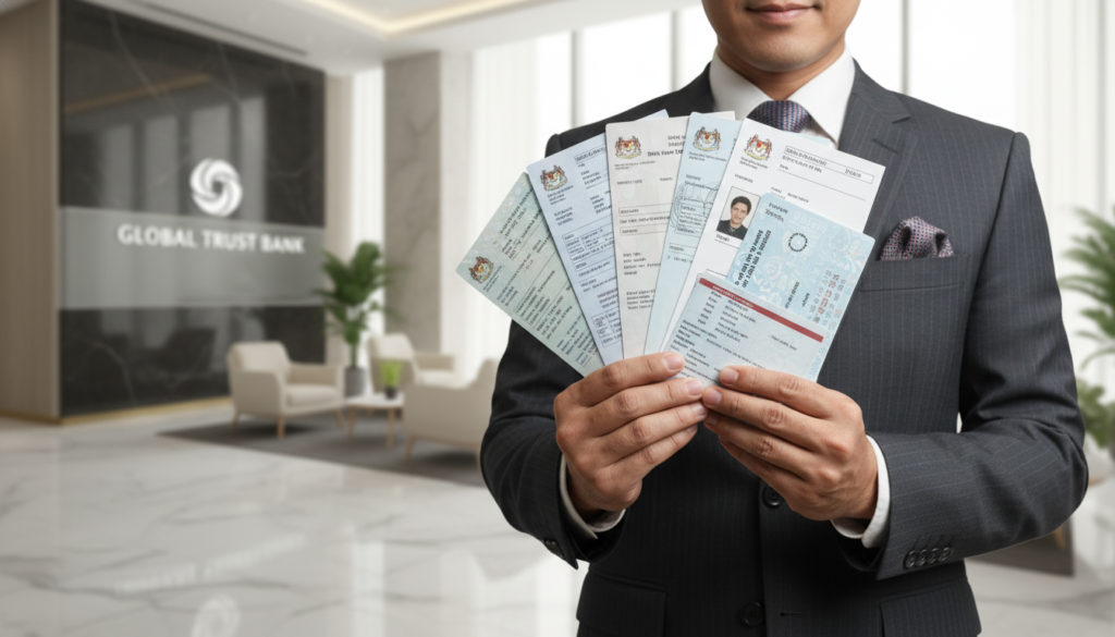 A close-up view of a business professional holding a variety of visa passes and access documents, emphasizing the importance of these documents in achieving eligibility for a business bank account. The foreground features the individual dressed in professional business attire, standing confidently with a focused expression. In the middle ground, several official documents, including work visas and permits, are prominently displayed, reflecting their significance. The background showcases a sleek, modern banking environment with soft, natural lighting filtering through large windows, creating an inviting atmosphere. The overall mood conveys a sense of professionalism and determination, highlighting the procedural aspects of banking as a foreigner in Singapore. The composition should be photorealistic, showcasing intricate details such as the texture of the documents and attire.