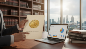 A close-up view of a professional business person, dressed in a tailored suit, reviewing various business licenses and compliance documents on a sleek wooden desk. The foreground captures the hands of the individual as they hold a prominent license, emphasizing details like the official seal and dates. In the middle, an open laptop displays charts and graphs, hinting at business analytics. The background features a modern office setting with shelves of legal books and a window showcasing a bustling Singapore skyline. Soft natural light filters through the window, creating a warm and inviting atmosphere, while emphasizing the importance of compliance in the business environment. The focus is on professionalism and clarity in documentation, conveying a sense of diligence and responsibility.