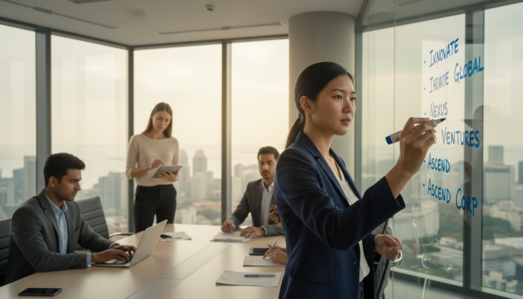 A contemporary office setting featuring a sleek, modern conference table surrounded by a diverse group of professionals engaged in a brainstorming session. In the foreground, an Asian female entrepreneur, dressed in a smart blazer, is writing potential business names on a glass whiteboard, her expression focused and determined. To the left, a South Asian male colleague, wearing a tailored suit, is typing notes on a laptop, while a Caucasian woman, in business casual attire, reviews a document. The background showcases large windows with a panoramic view of Singapore’s skyline, under soft, natural sunlight that fills the room with warmth. The atmosphere is collaborative and innovative, emphasizing the theme of business preparation and registration. The image is photorealistic with a shallow depth of field, capturing the moment with an engaging perspective. A contemporary office setting featuring a sleek, modern conference table surrounded by a diverse group of professionals engaged in a brainstorming session. In the foreground, an Asian female entrepreneur, dressed in a smart blazer, is writing potential business names on a glass whiteboard, her expression focused and determined. To the left, a South Asian male colleague, wearing a tailored suit, is typing notes on a laptop, while a Caucasian woman, in business casual attire, reviews a document. The background showcases large windows with a panoramic view of Singapore’s skyline, under soft, natural sunlight that fills the room with warmth. The atmosphere is collaborative and innovative, emphasizing the theme of business preparation and registration. The image is photorealistic with a shallow depth of field, capturing the moment with an engaging perspective.