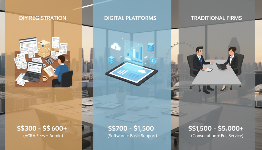 A detailed and informative illustration of the cost breakdown for company registration in Singapore, organized into three distinct sections: DIY, digital platforms, and traditional firms. The foreground highlights three visual representations: a DIY setup with paperwork and a computer, a digital platform interface with charts and graphs, and a traditional firm with a professional advisor discussing with a client. In the middle ground, a sleek office environment can be seen with financial documents and a calculator, while the background features a modern skyline of Singapore, showcasing iconic landmarks. Use warm, natural lighting to create a welcoming atmosphere, and utilize a wide-angle lens to capture the entire scene sharply. The image should convey professionalism and clarity, with a photorealistic quality. A detailed and informative illustration of the cost breakdown for company registration in Singapore, organized into three distinct sections: DIY, digital platforms, and traditional firms. The foreground highlights three visual representations: a DIY setup with paperwork and a computer, a digital platform interface with charts and graphs, and a traditional firm with a professional advisor discussing with a client. In the middle ground, a sleek office environment can be seen with financial documents and a calculator, while the background features a modern skyline of Singapore, showcasing iconic landmarks. Use warm, natural lighting to create a welcoming atmosphere, and utilize a wide-angle lens to capture the entire scene sharply. The image should convey professionalism and clarity, with a photorealistic quality.