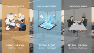 A detailed and informative illustration of the cost breakdown for company registration in Singapore, organized into three distinct sections: DIY, digital platforms, and traditional firms. The foreground highlights three visual representations: a DIY setup with paperwork and a computer, a digital platform interface with charts and graphs, and a traditional firm with a professional advisor discussing with a client. In the middle ground, a sleek office environment can be seen with financial documents and a calculator, while the background features a modern skyline of Singapore, showcasing iconic landmarks. Use warm, natural lighting to create a welcoming atmosphere, and utilize a wide-angle lens to capture the entire scene sharply. The image should convey professionalism and clarity, with a photorealistic quality.