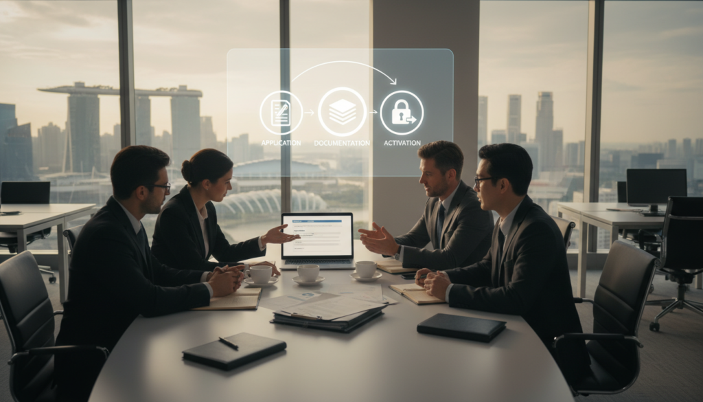 A detailed depiction of the account opening process for a corporate bank account. In the foreground, show a diverse group of professionals wearing business attire, engaged in discussions around a sleek conference table filled with documents, a laptop, and coffee cups. In the middle ground, feature a large screen displaying a step-by-step account opening checklist with icons representing application, documentation, and activation. In the background, illustrate a modern bank office environment with large windows letting in natural light, showcasing a city skyline of Singapore. The atmosphere is focused and collaborative, with warm lighting and a sense of professionalism and urgency. The composition should be photorealistic, capturing the essence of the banking industry and the procedural nature of account opening without any text or overlays. A detailed depiction of the account opening process for a corporate bank account. In the foreground, show a diverse group of professionals wearing business attire, engaged in discussions around a sleek conference table filled with documents, a laptop, and coffee cups. In the middle ground, feature a large screen displaying a step-by-step account opening checklist with icons representing application, documentation, and activation. In the background, illustrate a modern bank office environment with large windows letting in natural light, showcasing a city skyline of Singapore. The atmosphere is focused and collaborative, with warm lighting and a sense of professionalism and urgency. The composition should be photorealistic, capturing the essence of the banking industry and the procedural nature of account opening without any text or overlays.