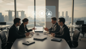 A detailed depiction of the account opening process for a corporate bank account. In the foreground, show a diverse group of professionals wearing business attire, engaged in discussions around a sleek conference table filled with documents, a laptop, and coffee cups. In the middle ground, feature a large screen displaying a step-by-step account opening checklist with icons representing application, documentation, and activation. In the background, illustrate a modern bank office environment with large windows letting in natural light, showcasing a city skyline of Singapore. The atmosphere is focused and collaborative, with warm lighting and a sense of professionalism and urgency. The composition should be photorealistic, capturing the essence of the banking industry and the procedural nature of account opening without any text or overlays.
