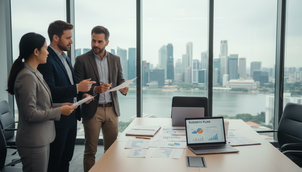 A dynamic office scene illustrating the concept of "ownership." In the foreground, a diverse group of three professional individuals in business attire (a Southeast Asian woman, a Caucasian man, and a South Asian man) stand confidently with documents and a laptop, symbolizing collaboration and decision-making. In the middle, a conference table with charts and a laptop displays a business plan, hinting at company registration processes. The background features a modern, well-lit office space with glass windows showcasing the Singapore skyline, reflecting ambition and growth. Soft, natural daylight streams in from the windows, creating an inviting atmosphere. The angle is slightly elevated, focusing on the professionals' engaged expressions, conveying determination and clarity.