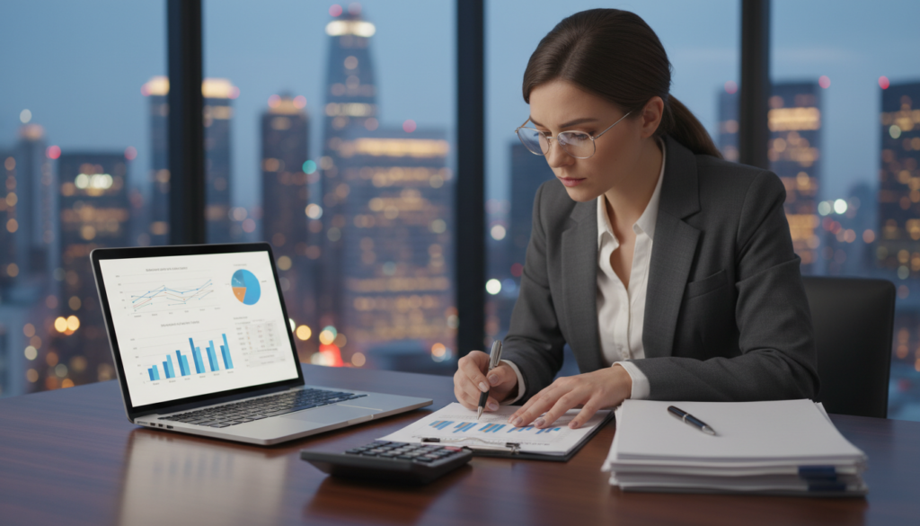 A focused office workspace showcasing a professional business environment. In the foreground, a sleek wooden desk displays a laptop with financial graphs and charts, a calculator, and a stack of corporate tax documents. In the middle, a well-dressed businesswoman examines the documents, wearing a tailored suit and glasses, reflecting concentration and diligence. In the background, a modern office skyline can be seen through large windows, with vibrant city lights softly illuminating the room as dusk settles. The overall atmosphere conveys urgency and professionalism, emphasizing the importance of the corporate tax filing deadline. The image is captured with a shallow depth of field, creating a soft focus on the background while the subject and desk items remain sharply detailed, enhancing the photorealistic quality. A focused office workspace showcasing a professional business environment. In the foreground, a sleek wooden desk displays a laptop with financial graphs and charts, a calculator, and a stack of corporate tax documents. In the middle, a well-dressed businesswoman examines the documents, wearing a tailored suit and glasses, reflecting concentration and diligence. In the background, a modern office skyline can be seen through large windows, with vibrant city lights softly illuminating the room as dusk settles. The overall atmosphere conveys urgency and professionalism, emphasizing the importance of the corporate tax filing deadline. The image is captured with a shallow depth of field, creating a soft focus on the background while the subject and desk items remain sharply detailed, enhancing the photorealistic quality.