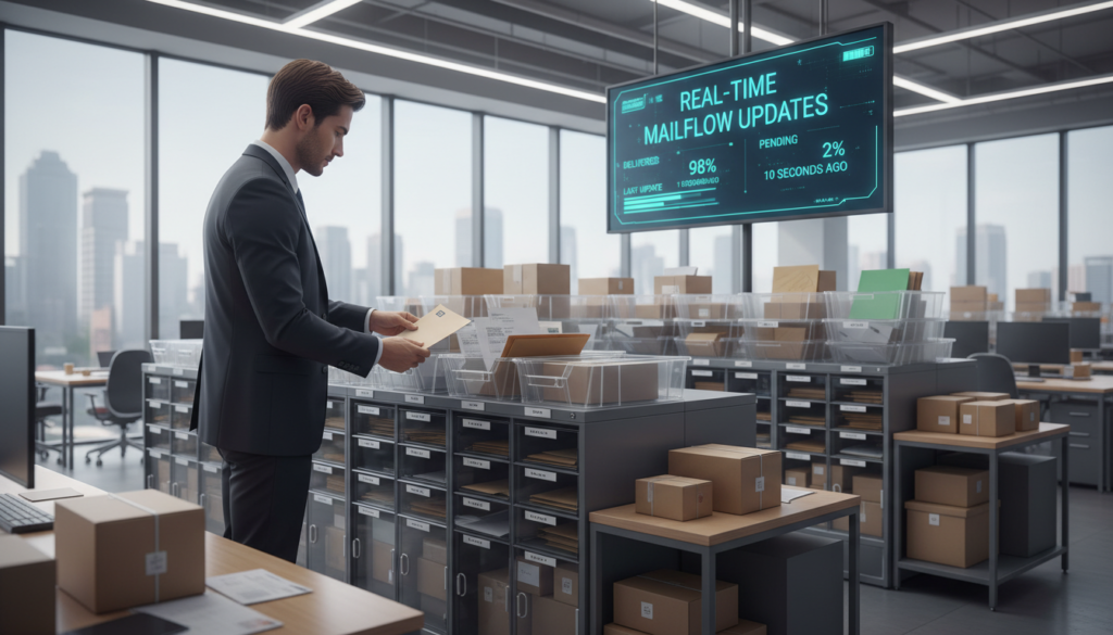 A modern and efficient mail handling environment, featuring a sleek, organized office space filled with various packages and letters. In the foreground, a professional individual dressed in business attire is meticulously sorting through mail, showcasing a sense of care and efficiency. The middle ground displays an array of neatly labeled mailboxes and sorting bins, with a digital mailbox monitoring screen highlighting real-time updates. In the background, large windows allow natural light to flood in, creating a bright and inviting atmosphere, enhancing the sense of productivity. The scene captures a blend of professionalism and responsiveness, focused on the importance of timely communication in a bustling virtual office. The lighting is soft yet vibrant, emphasizing the clean lines and contemporary design of the workspace.