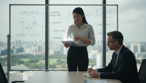 A modern corporate office environment, featuring a diverse group of professionals engaged in a discussion about corporate obligations. In the foreground, a well-dressed Asian female executive points at a digital tablet displaying financial graphs, while a middle-aged Caucasian male colleague takes notes. In the middle ground, a whiteboard filled with charts and key terms related to corporate income tax is visible. The background shows large windows letting in natural light, with a view of Singapore's skyline. The atmosphere is focused and collaborative, with a hint of urgency. The lighting is bright and crisp, reminiscent of a productive business meeting, captured with a slight depth of field to emphasize the foreground subjects.
