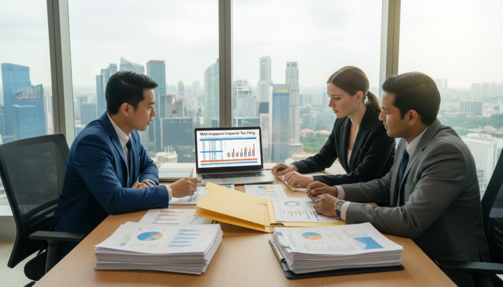 A modern corporate office setting, with a focus on a sleek wooden desk covered in documents and a laptop displaying data analysis for corporate tax filing. In the foreground, a diverse group of three professionals dressed in smart business attire—two men and one woman—are attentively discussing the documents, showcasing collaboration. The middle ground features an open folder labeled 'Tax Compliance' with graphs and charts visible, emphasizing meticulous organization. In the background, large windows reveal a city skyline, allowing natural light to flood the room, creating a bright and focused atmosphere. The lighting is bright but soft, creating a professional yet inviting mood. The scene captures the essence of corporate tax filing and compliance with IRAS in Singapore. Photorealistic style.