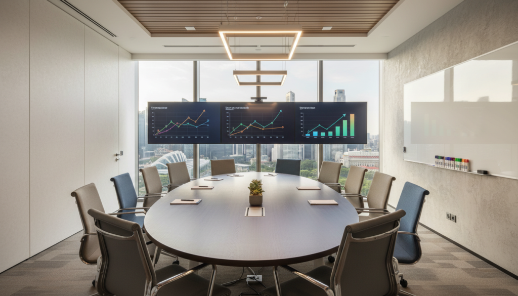 A modern meeting room set up for a professional atmosphere, featuring a sleek, oval conference table in the foreground, surrounded by ergonomic chairs in muted colors. The middle ground showcases a large floor-to-ceiling window with a view of Singapore’s skyline, allowing natural light to flood the room. Soft, ambient lighting from stylish overhead fixtures creates a warm and inviting mood. In the background, there are large digital screens displaying business graphics and a neatly arranged whiteboard with colorful markers. The overall ambiance is conducive to productive discussions, reflecting a clean, contemporary design with subtle corporate accents. No people are present, focusing instead on the immaculate setup of the meeting space, which hints at versatility for on-demand client meetings. Photorealistic rendering with a balanced composition and sharp details.