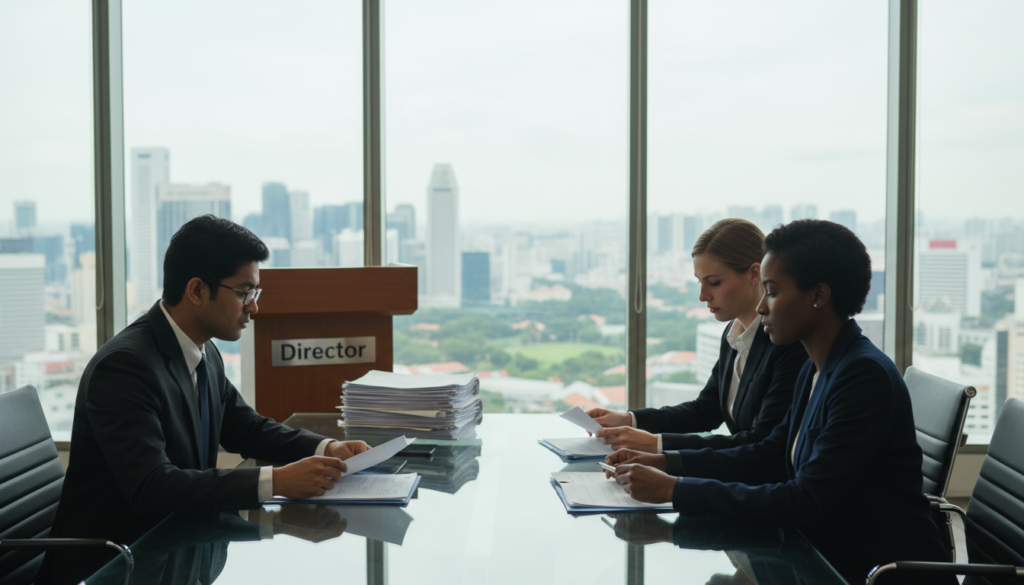 A modern office conference room set up for a director appointment meeting. In the foreground, a diverse group of three professionals, a South Asian man, a Caucasian woman, and a Black woman, are seated around a sleek glass table, reviewing documents with focused expressions, dressed in well-fitted business attire. In the middle, an elegant wooden podium with a nameplate reading "Director" and a stack of corporate documents. In the background, large windows allow natural light to flood the space, revealing a bustling cityscape of Singapore. Soft, diffused lighting enhances the professional atmosphere, while a shallow depth of field blurs the busy background slightly, drawing attention to the subjects. Overall, the mood is collaborative and serious, reflecting the importance of their roles in the incorporation process.