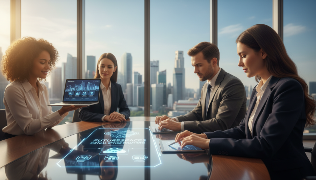 A modern office environment depicting a diverse group of professionals in business attire, gathered around a sleek conference table. In the foreground, a woman with long dark hair highlights a virtual office service brochure, pointing to key features. Beside her, a man in a suit takes notes on a digital tablet, while another professional, a woman with curly hair, displays a laptop showing virtual office options. The middle ground features a large window showcasing the iconic Singapore skyline, adding to the atmosphere of opportunity and innovation. The lighting is bright and natural, suggesting a productive, optimistic mood. Soft focus on the background enhances the professionals' engagement and emphasizes their collaboration in choosing the right virtual office service provider. Photorealistic rendering captures the details of their attire and expressions.