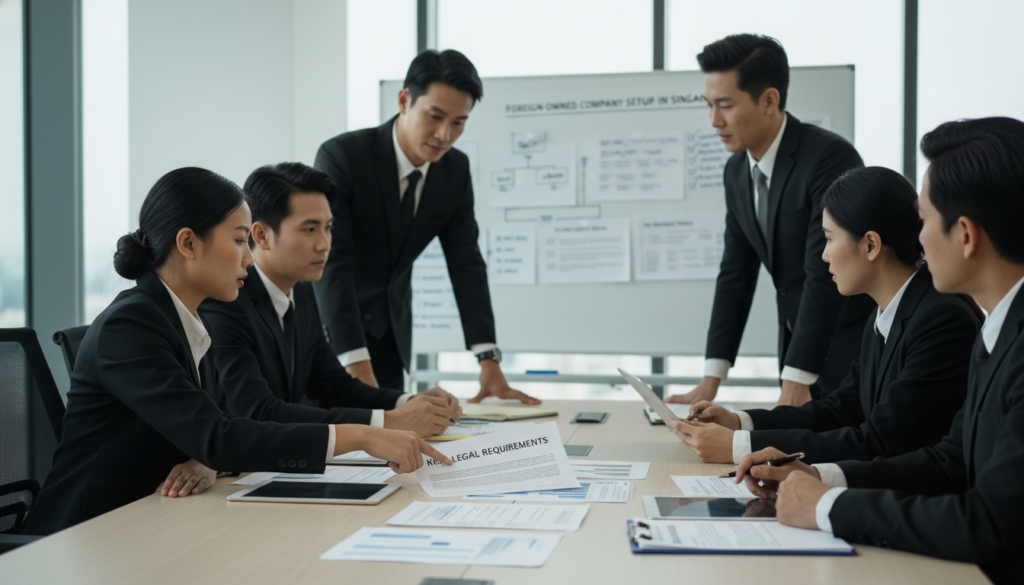 A modern office environment featuring a diverse group of professionals in business attire, engaged in a strategic meeting over a large table scattered with legal documents and digital tablets. In the foreground, a woman of Southeast Asian descent points to a document titled "Key Legal Requirements" with a focused expression. The middle layer shows a large whiteboard filled with diagrams and checklists relevant to foreign owned company setup in Singapore. The background captures a bright, airy office space with large windows, allowing natural light to pour in, enhancing the professional atmosphere. The scene is captured with a slight depth of field, emphasizing the collaborative activity while maintaining clarity on the documents. The overall mood is one of determination and professionalism, showcasing the importance of understanding legal requirements in business.