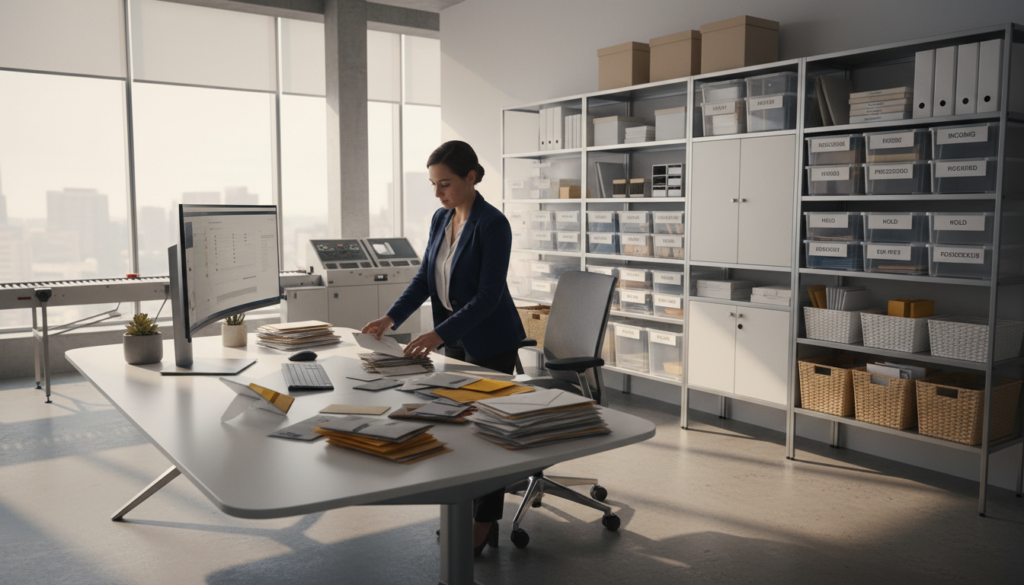A modern office environment focused on efficient mail handling services. In the foreground, a professional person in business attire is sorting through a stack of letters and packages at a sleek desk, with a computer and office supplies neatly arranged. The middle ground features shelves filled with labeled boxes and mail organizers, showcasing an organized workspace. In the background, soft natural lighting filters through large windows, illuminating the room and creating a productive atmosphere. The overall mood is efficient and innovative, reflecting the essential services of a virtual office. Emphasize photorealism with a focus on details like the textures of the materials and subtle shadows.