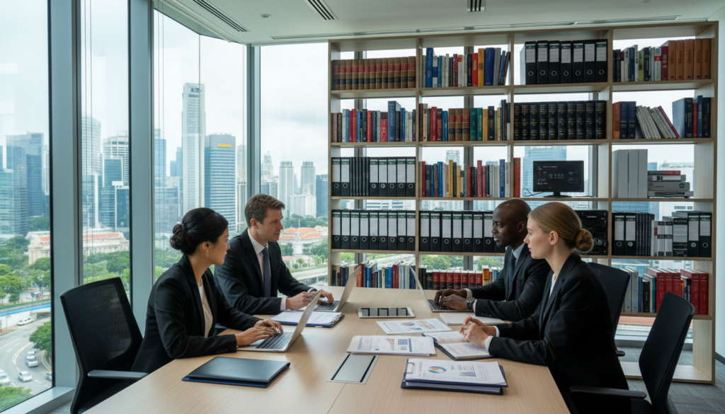 A modern office environment showcasing a corporate service setup. In the foreground, a diverse group of three professionals in smart business attire: a woman of Asian descent, a Black man, and a Caucasian woman, engaged in a discussion around a sleek conference table with laptops and documents spread out. The middle ground features shelves filled with legal books, compliance documents, and digital devices, emphasizing organization and efficiency. In the background, large windows illuminate the room with natural light, offering a view of a bustling Singapore skyline. The scene conveys a mood of professionalism and collaboration, with a focus on structure and reliability in corporate services. Photorealistic lighting highlights the details, shot from an eye-level angle to create an immersive experience. A modern office environment showcasing a corporate service setup. In the foreground, a diverse group of three professionals in smart business attire: a woman of Asian descent, a Black man, and a Caucasian woman, engaged in a discussion around a sleek conference table with laptops and documents spread out. The middle ground features shelves filled with legal books, compliance documents, and digital devices, emphasizing organization and efficiency. In the background, large windows illuminate the room with natural light, offering a view of a bustling Singapore skyline. The scene conveys a mood of professionalism and collaboration, with a focus on structure and reliability in corporate services. Photorealistic lighting highlights the details, shot from an eye-level angle to create an immersive experience.