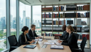 A modern office environment showcasing a corporate service setup. In the foreground, a diverse group of three professionals in smart business attire: a woman of Asian descent, a Black man, and a Caucasian woman, engaged in a discussion around a sleek conference table with laptops and documents spread out. The middle ground features shelves filled with legal books, compliance documents, and digital devices, emphasizing organization and efficiency. In the background, large windows illuminate the room with natural light, offering a view of a bustling Singapore skyline. The scene conveys a mood of professionalism and collaboration, with a focus on structure and reliability in corporate services. Photorealistic lighting highlights the details, shot from an eye-level angle to create an immersive experience.