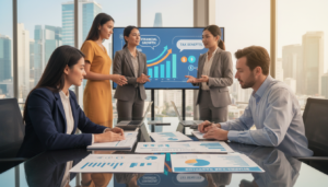 A modern office environment showcasing a diverse group of young professionals engaged in a strategic discussion about start-up tax exemption policies. In the foreground, two business people, a woman in a smart blazer and a man in a crisp shirt, are analyzing documents on a sleek conference table filled with charts and financial graphs. In the middle ground, a digital screen displays vibrant visuals representing financial growth and tax benefits, while other team members, also dressed in professional attire, collaborate and contribute ideas. The background features large windows with a city skyline, emphasizing a thriving entrepreneurial atmosphere. The lighting is bright and inviting, with a focus on clarity and warmth to convey optimism and innovation. The composition captures an energetic and productive mood.