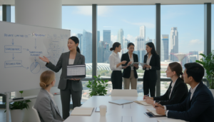 A modern office environment showcasing a group of diverse professionals discussing business concepts. In the foreground, a confident Asian woman in a tailored suit is presenting documents on a laptop while gesturing towards a whiteboard filled with charts and graphs. In the middle ground, a mixed-gender team of professionals, dressed in formal business attire, is engaged in animated conversation, holding notebooks and tablets. The background features large windows with a view of Singapore’s skyline, filled with iconic skyscrapers. Bright, natural light floods the room, creating a vibrant and inviting atmosphere. The image should evoke a sense of professionalism and collaboration, highlighting the concept of forming a private limited company in a dynamic business setting.