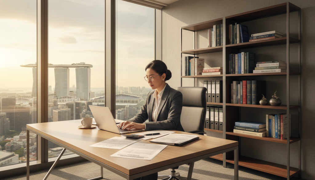 A modern office scene depicting a professional tax consultant sitting at a sleek desk, analyzing documents related to tax exemption filings. The foreground features the consultant, a middle-aged Asian woman in a smart business suit, focused on her work with a laptop open and various tax forms scattered about. In the middle ground, a bookshelf filled with financial books and tax guides reflects a well-organized workspace. The background shows a large window with a view of Singapore's skyline, bathed in warm, natural light, creating a bright and inviting atmosphere. Soft shadows add depth, emphasizing the seriousness of compliance and the importance of tax filings. The overall mood is professional and diligent, capturing the essence of claiming partial tax exemption through IRAS. A modern office scene depicting a professional tax consultant sitting at a sleek desk, analyzing documents related to tax exemption filings. The foreground features the consultant, a middle-aged Asian woman in a smart business suit, focused on her work with a laptop open and various tax forms scattered about. In the middle ground, a bookshelf filled with financial books and tax guides reflects a well-organized workspace. The background shows a large window with a view of Singapore's skyline, bathed in warm, natural light, creating a bright and inviting atmosphere. Soft shadows add depth, emphasizing the seriousness of compliance and the importance of tax filings. The overall mood is professional and diligent, capturing the essence of claiming partial tax exemption through IRAS.
