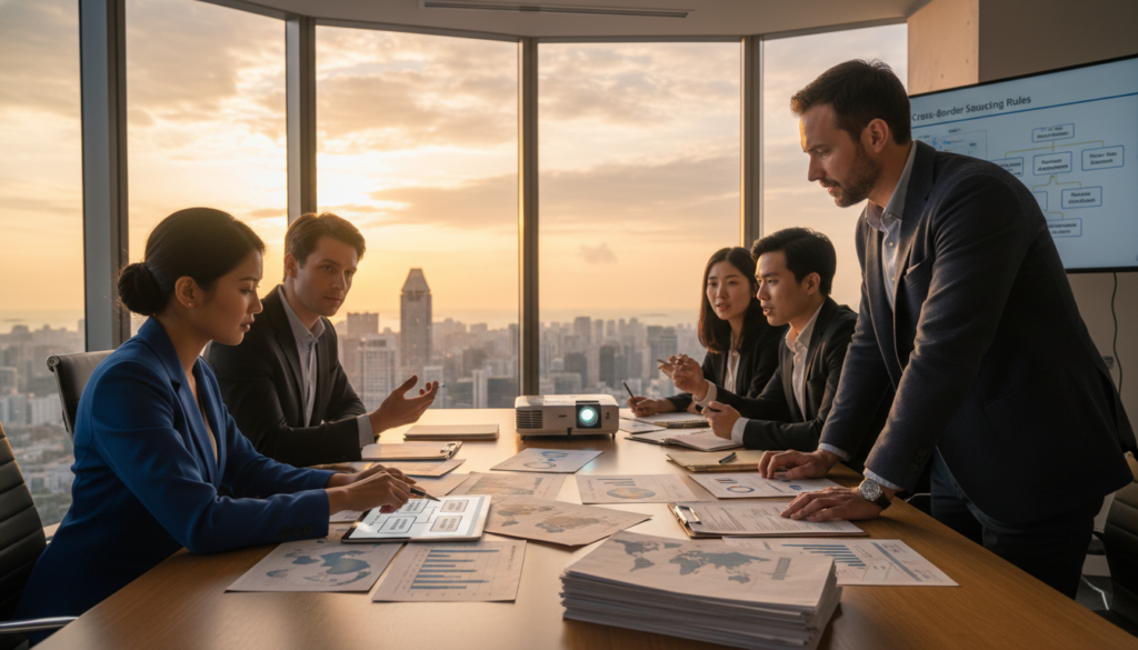 A modern office setting featuring a diverse group of professionals engaged in a discussion about sourcing rules for cross-border operations. In the foreground, two businesspeople, a Southeast Asian woman in formal attire and a Caucasian man in business clothing, are examining documents and digital devices, appearing focused and collaborative. The middle ground showcases a large conference table scattered with charts, financial reports, and maps, hinting at global reach and corporate strategy. The background includes a panoramic window with a view of the Singapore skyline during the golden hour, casting warm, inviting light across the room. The atmosphere is one of determination and teamwork, with an emphasis on clarity and professionalism in the workplace. Photorealistic rendering, featuring soft shadows and vibrant colors. A modern office setting featuring a diverse group of professionals engaged in a discussion about sourcing rules for cross-border operations. In the foreground, two businesspeople, a Southeast Asian woman in formal attire and a Caucasian man in business clothing, are examining documents and digital devices, appearing focused and collaborative. The middle ground showcases a large conference table scattered with charts, financial reports, and maps, hinting at global reach and corporate strategy. The background includes a panoramic window with a view of the Singapore skyline during the golden hour, casting warm, inviting light across the room. The atmosphere is one of determination and teamwork, with an emphasis on clarity and professionalism in the workplace. Photorealistic rendering, featuring soft shadows and vibrant colors.