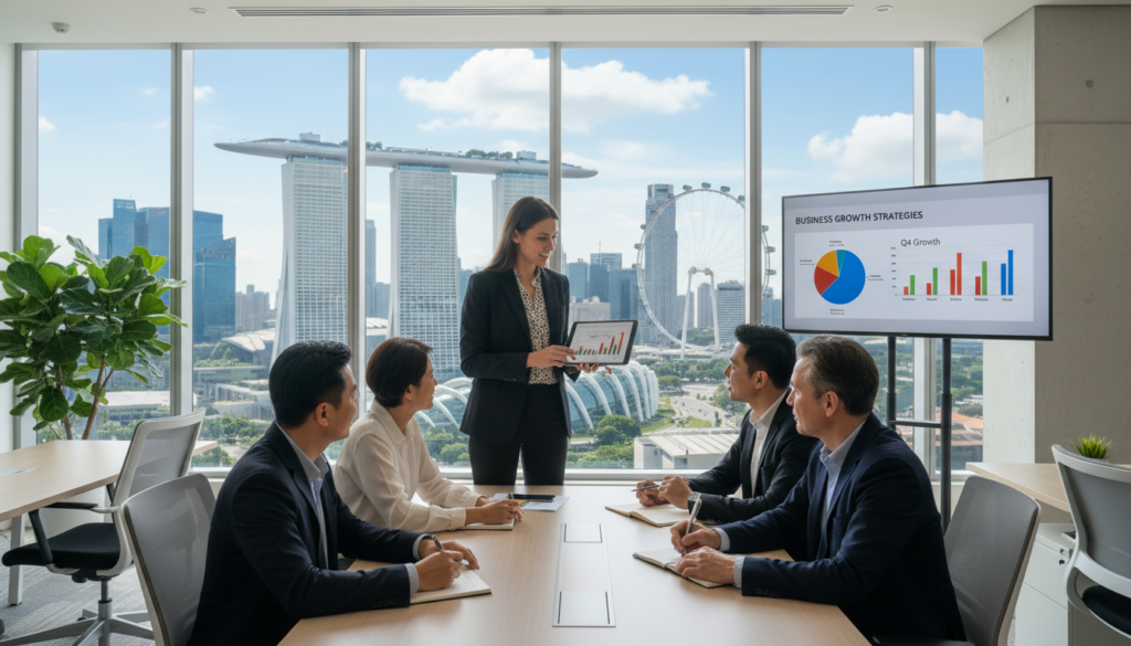 A modern office setting in Singapore depicting a diverse group of professionals engaged in a meeting about company registration. In the foreground, a tall, confident woman in a smart blazer points to a digital tablet displaying a graph, while a middle-aged man in a suit takes notes. The middle ground features a large window showcasing Singapore's iconic skyline, including Marina Bay Sands and the Singapore Flyer under bright daylight. In the background, a wall-mounted screen displays informative charts on business growth and incorporation benefits. Soft, natural lighting filters in, creating a collaborative and inspiring atmosphere. The mood is focused yet optimistic, highlighting Singapore as a prime destination for company incorporation.