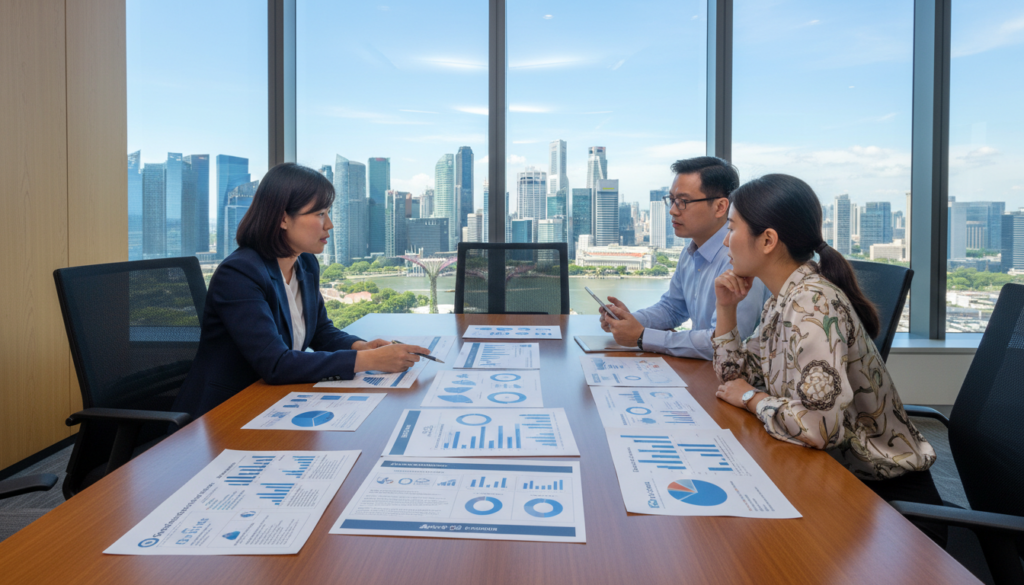 A modern office setting in Singapore, showcasing a sleek wooden conference table filled with brochures and charts representing various business bank account options for startups. In the foreground, a diverse group of three professionals in smart business attire, engaged in a discussion, with one person pointing at a financial comparison chart. The middle ground features a large window displaying the Singapore skyline with skyscrapers under clear blue skies. The overall lighting is bright and natural, creating an inviting atmosphere. The composition is shot from a slightly elevated angle, emphasizing the collaborative environment. The mood conveys professionalism and optimism, perfectly illustrating the theme of startup banking options.