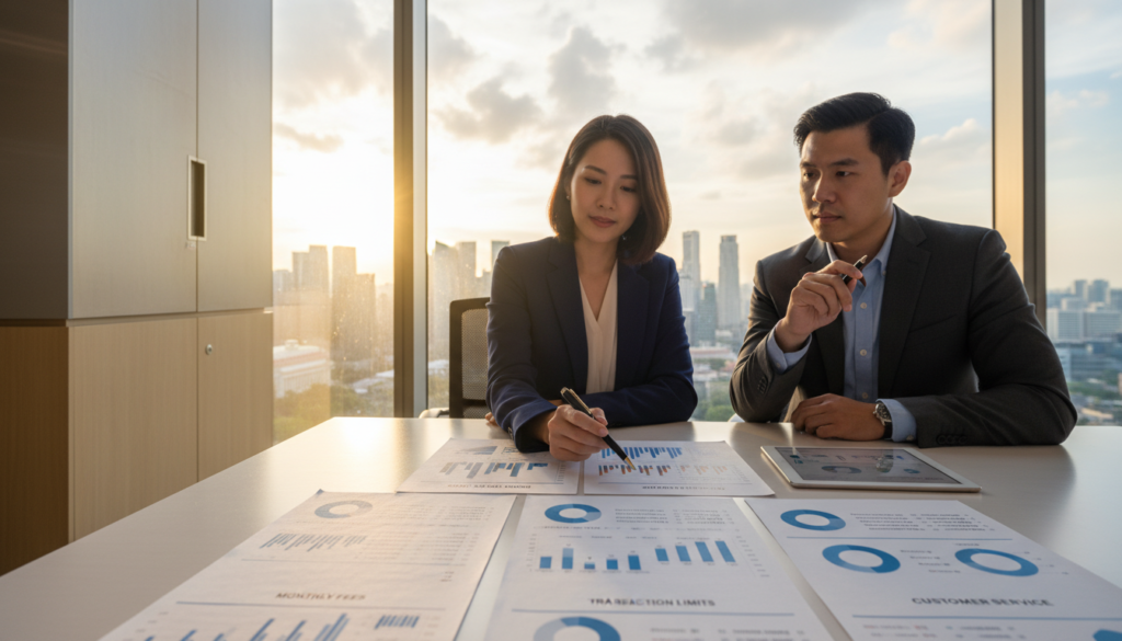 A modern office setting showcasing the comparison criteria for business bank accounts. In the foreground, a sleek table displays a variety of documents, charts, and financial graphs related to account features and fees, with focus on key comparison points like monthly fees, transaction limits, and customer service. The middle ground features two business professionals, one male and one female, both dressed in professional business attire, attentively discussing the materials with pens in hand, conveying a sense of analysis and decision-making. In the background, a large window filters in natural light, revealing the skyline of Singapore. The atmosphere is one of professionalism and determination, captured with a shallow depth of field to emphasize the documents and professionals while softly blurring the background. Use warm lighting to create an inviting yet focused mood.