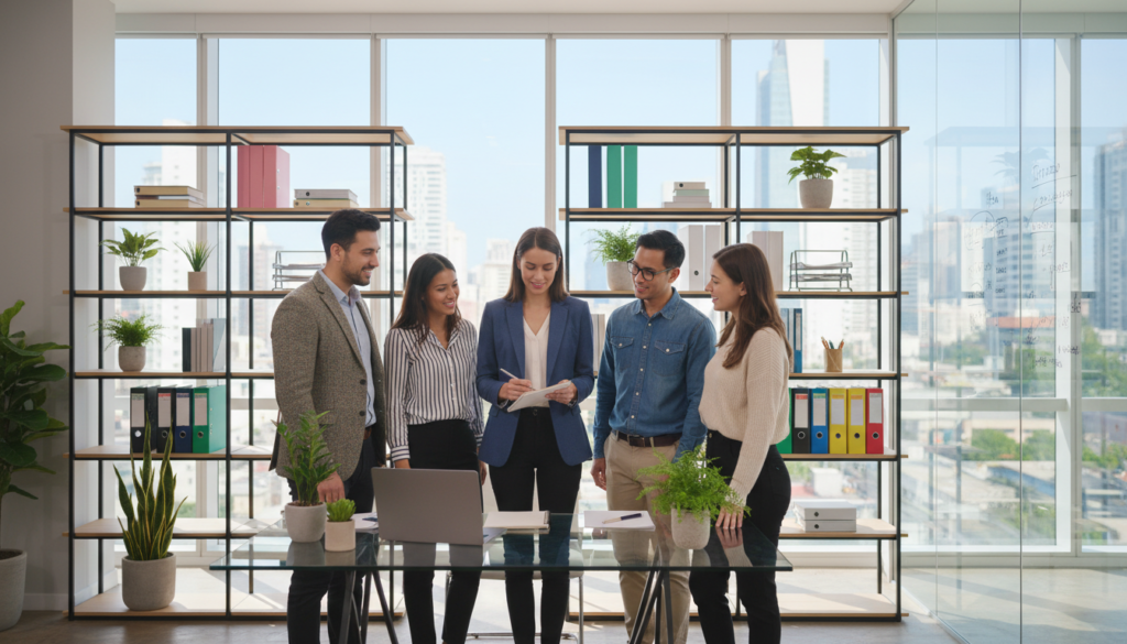 A modern office space showcasing innovative office solutions, featuring a sleek glass desk with a laptop open and a neat notebook, surrounded by potted plants for a fresh atmosphere. In the foreground, a professional woman in business attire is discussing plans with a diverse group of individuals, all in smart casual clothing, reflecting teamwork and collaboration. The middle ground includes open shelving with office supplies organized neatly, a whiteboard with brainstorming notes, and large windows allowing natural light to flood the room, enhancing the inviting ambiance. The background displays a cityscape view, suggesting a vibrant metropolitan setting. The mood is productive and inspirational, captured in a photorealistic style with soft, diffused lighting to create a welcoming environment. A modern office space showcasing innovative office solutions, featuring a sleek glass desk with a laptop open and a neat notebook, surrounded by potted plants for a fresh atmosphere. In the foreground, a professional woman in business attire is discussing plans with a diverse group of individuals, all in smart casual clothing, reflecting teamwork and collaboration. The middle ground includes open shelving with office supplies organized neatly, a whiteboard with brainstorming notes, and large windows allowing natural light to flood the room, enhancing the inviting ambiance. The background displays a cityscape view, suggesting a vibrant metropolitan setting. The mood is productive and inspirational, captured in a photorealistic style with soft, diffused lighting to create a welcoming environment.