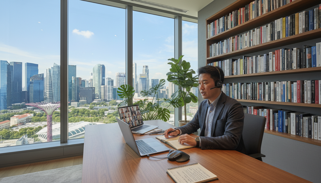 A modern office workspace designed for remote business operations, featuring a sleek desk with a high-end laptop, digital notepad, and wireless headset. The foreground showcases a professional individual in business casual attire, engaged in a video conference call, with a focused expression. In the middle, a large window allows natural light to flood the space, illuminating indoor plants and a neatly organized bookshelf filled with business literature. The background depicts a bustling urban skyline of Singapore, hinting at the company's locale. Soft lighting creates a warm, inviting atmosphere, while a wide-angle lens captures the full scope of the organized workspace, emphasizing productivity and modernity in a remote working setting. A modern office workspace designed for remote business operations, featuring a sleek desk with a high-end laptop, digital notepad, and wireless headset. The foreground showcases a professional individual in business casual attire, engaged in a video conference call, with a focused expression. In the middle, a large window allows natural light to flood the space, illuminating indoor plants and a neatly organized bookshelf filled with business literature. The background depicts a bustling urban skyline of Singapore, hinting at the company's locale. Soft lighting creates a warm, inviting atmosphere, while a wide-angle lens captures the full scope of the organized workspace, emphasizing productivity and modernity in a remote working setting.