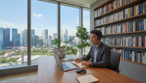 A modern office workspace designed for remote business operations, featuring a sleek desk with a high-end laptop, digital notepad, and wireless headset. The foreground showcases a professional individual in business casual attire, engaged in a video conference call, with a focused expression. In the middle, a large window allows natural light to flood the space, illuminating indoor plants and a neatly organized bookshelf filled with business literature. The background depicts a bustling urban skyline of Singapore, hinting at the company's locale. Soft lighting creates a warm, inviting atmosphere, while a wide-angle lens captures the full scope of the organized workspace, emphasizing productivity and modernity in a remote working setting.