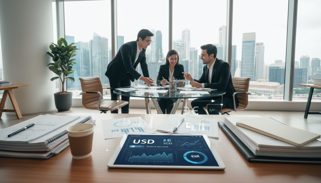 A modern office workspace showcasing a fintech multi-currency account concept. In the foreground, a sleek digital interface displays various currency symbols (e.g., USD, SGD, EUR) with graphs and analytics on a tablet, surrounded by professional business documents. In the middle ground, a diverse group of three professionals in smart business attire (two men and one woman) collaborate excitedly around a stylish conference table, analyzing fiscal data and discussing cross-border strategies. The background features a large window with a view of Singapore's skyline, filled with modern skyscrapers under bright daylight. The atmosphere is vibrant and focused, emphasizing innovation and collaboration in fintech. Photorealistic, with soft natural lighting and a wide-angle perspective to capture the dynamic workspace.
