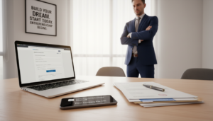 A modern office workspace with a sleek wooden desk in the foreground, showcasing an open laptop displaying the ACRA BizFile+ website on the screen. Beside the laptop, a stack of papers with company registration documents and a stylish pen lie neatly. In the middle ground, a smartphone with a notification about company name reservation is visible. The background features a bright window with natural light streaming in, illuminating a motivational quote poster about entrepreneurship. A business professional, dressed in a sharp navy suit, stands thoughtfully with arms crossed, looking at the laptop, exuding focus and determination. The atmosphere is inspiring and professional, emphasizing the process of company registration in Singapore. Photorealistic image, angled slightly from above to capture details effectively.