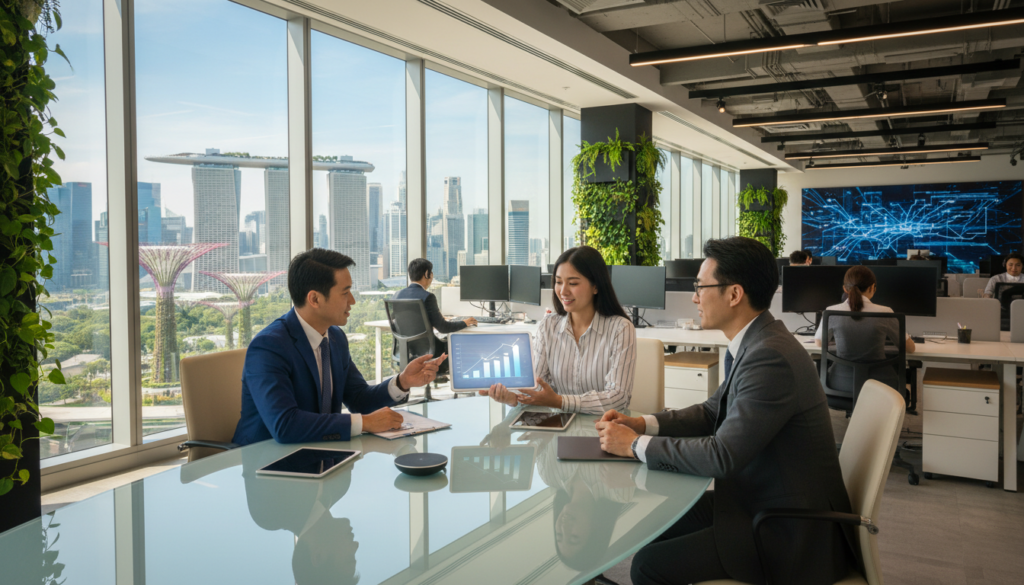A modern, photorealistic office environment showcasing the advantages of business infrastructure in Singapore. In the foreground, a diverse group of professionals—two men and one woman—dressed in professional business attire, are collaborating over a sleek conference table with digital devices, one person pointing at a chart displayed on a tablet. In the middle, large glass windows reveal a bright, sunlit skyline of Singapore with iconic architecture like the Marina Bay Sands and Gardens by the Bay. The background shows an open-plan workspace with high-tech amenities, greenery, and a vibrant, energetic atmosphere. Soft, natural lighting filters in through the windows, creating a productive and inspiring mood, emphasizing the futuristic and supportive ecosystem for remote business owners. A modern, photorealistic office environment showcasing the advantages of business infrastructure in Singapore. In the foreground, a diverse group of professionals—two men and one woman—dressed in professional business attire, are collaborating over a sleek conference table with digital devices, one person pointing at a chart displayed on a tablet. In the middle, large glass windows reveal a bright, sunlit skyline of Singapore with iconic architecture like the Marina Bay Sands and Gardens by the Bay. The background shows an open-plan workspace with high-tech amenities, greenery, and a vibrant, energetic atmosphere. Soft, natural lighting filters in through the windows, creating a productive and inspiring mood, emphasizing the futuristic and supportive ecosystem for remote business owners.