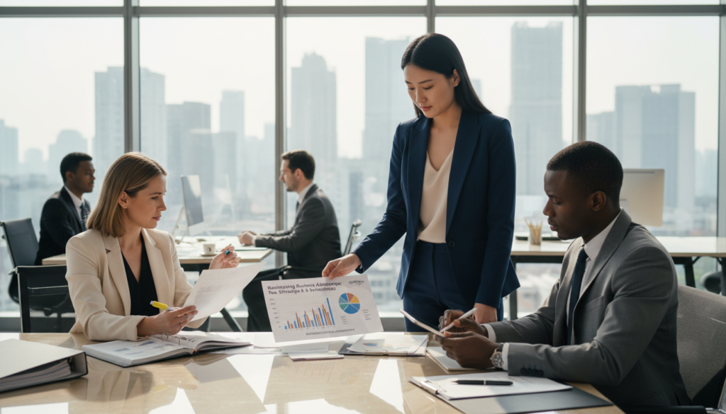 A modern, photorealistic office setting showcasing a professional business environment with a diverse group of employees engaged in a discussion about tax exemptions and incentives. In the foreground, a confident Asian woman in a crisp suit points at a financial report on a sleek table, displaying graphs and charts illustrating effective tax rates. Two colleagues, a Black male and a Caucasian female, are seated, attentively reviewing documents and taking notes. In the background, floor-to-ceiling windows reveal a city skyline bathed in soft, natural light, creating an atmosphere of focus and collaboration. The overall mood is professional and optimistic, emphasizing the importance of understanding tax advantages for business success.
