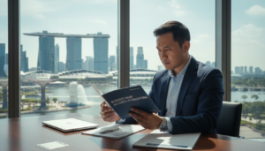 A modern, photorealistic portrayal of a Singapore business environment, focusing on a sleek desk featuring a closed laptop, stacked documents, and a stylish pen resting on a notepad. In the foreground, a confident professional in smart business attire, showing a diverse ethnic background, examines an open brochure titled "Business Bank Accounts in Singapore." The middle ground reveals a large window with the iconic Singapore skyline, featuring notable landmarks like Marina Bay Sands and the Merlion. Bright, natural lighting floods the room, creating a fresh and vibrant atmosphere. The background is softly blurred, emphasizing the subject while maintaining a clear sense of place within Singapore's thriving business hub. The overall mood conveys professionalism, clarity, and insight into the importance of having a business bank account.