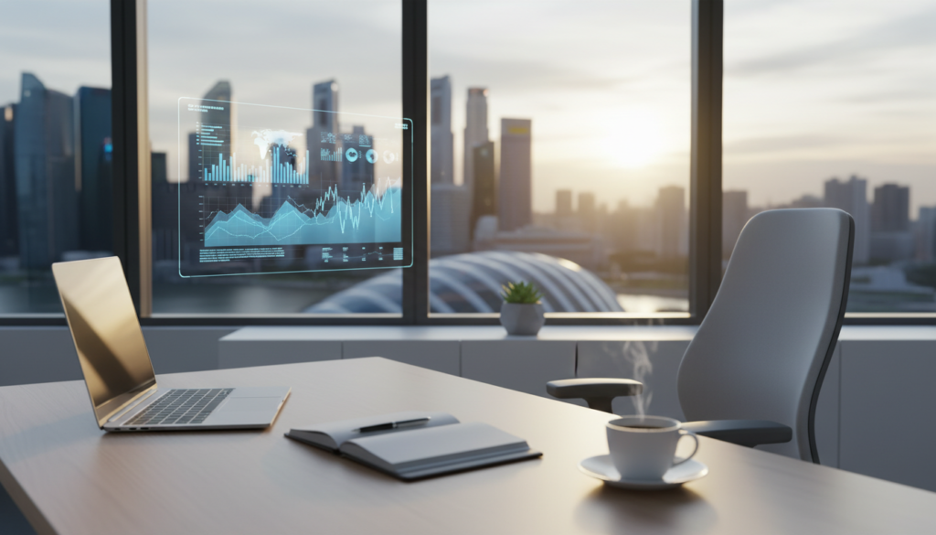 A modern, photorealistic virtual office environment that reflects a professional atmosphere. In the foreground, a sleek desk with a laptop, a notepad, and a coffee cup, symbolizing productivity. The middle ground features a well-organized workspace with a potted plant, stylish office chair, and a window offering a view of Singapore's skyline, bathed in warm, natural light. The background showcases a subtle blend of high-tech virtual tools like a digital screen displaying graphs and business data. Use a soft-focus lens to capture a sense of depth, creating a calm and inviting mood, emphasizing cleanliness and efficiency. The overall color palette should lean towards cool blues and whites, conveying a contemporary and professional vibe.