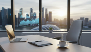 A modern, photorealistic virtual office environment that reflects a professional atmosphere. In the foreground, a sleek desk with a laptop, a notepad, and a coffee cup, symbolizing productivity. The middle ground features a well-organized workspace with a potted plant, stylish office chair, and a window offering a view of Singapore's skyline, bathed in warm, natural light. The background showcases a subtle blend of high-tech virtual tools like a digital screen displaying graphs and business data. Use a soft-focus lens to capture a sense of depth, creating a calm and inviting mood, emphasizing cleanliness and efficiency. The overall color palette should lean towards cool blues and whites, conveying a contemporary and professional vibe.
