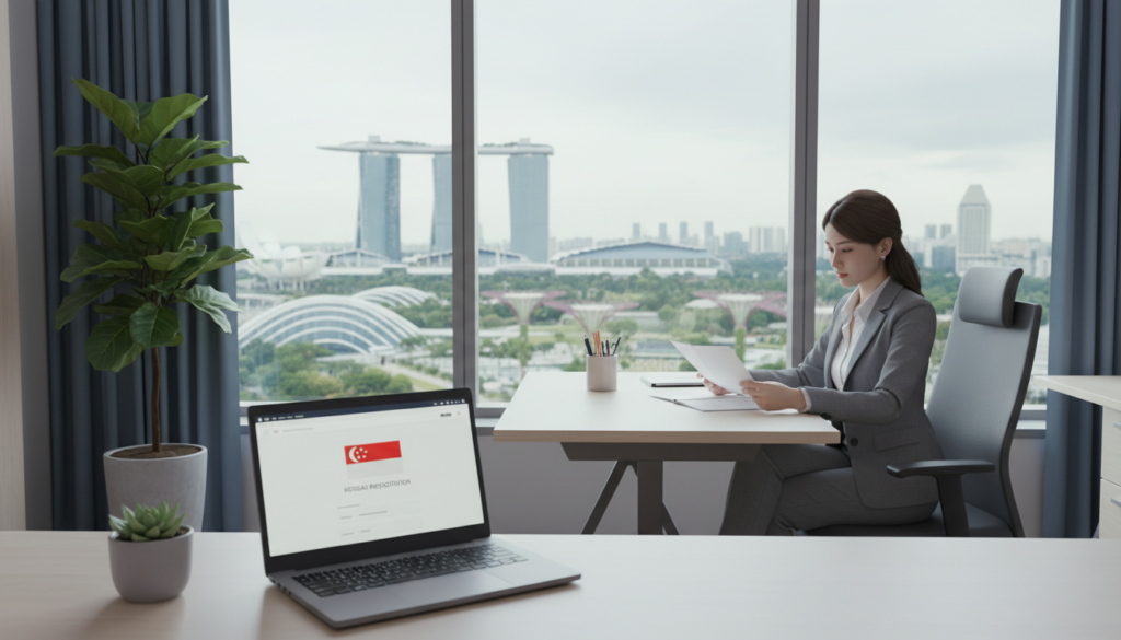 A modern, photorealistic virtual office scene representing an ACRA registration address in Singapore. In the foreground, a sleek, minimalist desk with a laptop open to a company registration website. Nearby, a stylish plant adds a touch of greenery. The middle layer features a professional person, a businesswoman in a tailored suit, attentively reviewing documents, symbolizing diligence in business registration. In the background, a large window showcases a vibrant urban view of Singapore's skyline, with iconic buildings and greenery visible. Soft, natural lighting pours in through the window, creating a warm and inviting atmosphere. The overall mood conveys professionalism and efficiency, illustrating the concept of a virtual office seamlessly present in the hustle and bustle of the city.