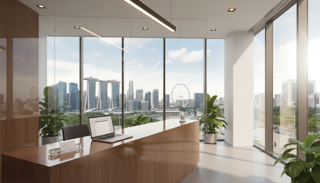 A modern, professional virtual office setup in Singapore, featuring a sleek reception area with stylish furniture and greenery. In the foreground, a clean, polished wooden reception desk with a laptop and a business card holder. The middle ground shows a glass wall with a view of Singapore's skyline, showcasing iconic buildings like Marina Bay Sands. Adequate lighting from soft overhead fixtures creates an inviting atmosphere, with natural light illuminating the space through large windows. In the background, subtle hints of a bustling urban environment can be glimpsed outside. The overall mood is one of professionalism and modernity, reflecting a corporate setting that inspires confidence and professionalism. The scene should be photorealistic, with attention to detail in textures and colors. No people or text are included.