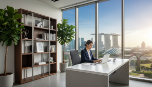 A modern, sleek office space in Singapore featuring a virtual address concept. In the foreground, a well-dressed professional in business attire is seated at a minimalist desk, reviewing documents on a laptop. The middle ground showcases a contemporary office setup with an elegant bookshelf, potted plants, and a large window offering a view of Singapore’s iconic skyline, including the Marina Bay Sands and Gardens by the Bay. In the background, the sky is vibrant blue with soft, diffused sunlight filtering through. The mood is professional and aspirational, illustrating the strength and credibility of a virtual address. The composition is focused, with a slight depth of field to emphasize the subject while softly blurring the background. Photorealistic details and natural lighting enhance the sophisticated atmosphere.