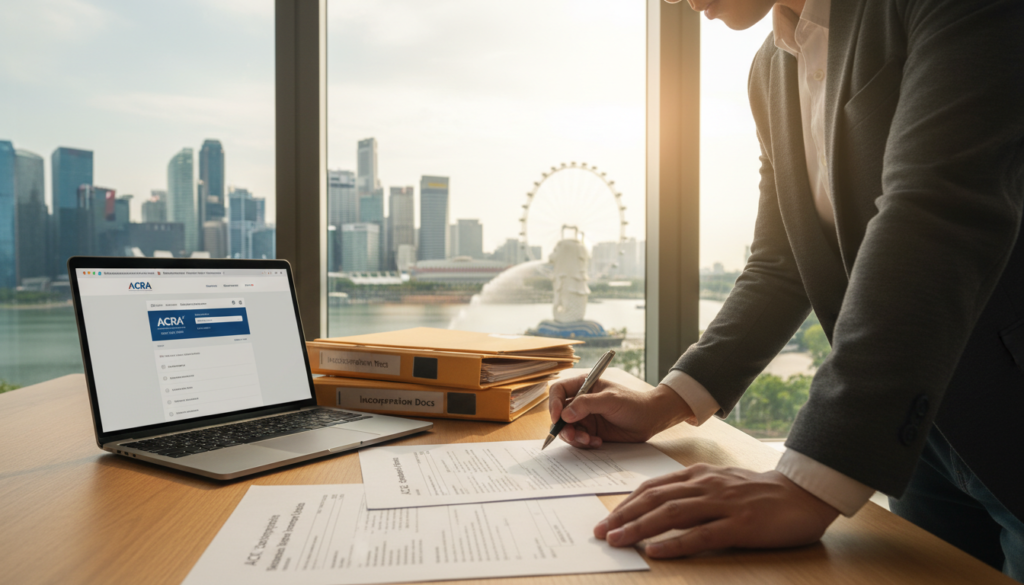 A modern, sleek office workspace in Singapore, featuring a professional business person reviewing documents related to company name reservation with ACRA. In the foreground, a focused individual in smart business attire is examining a printed application form, surrounded by neatly arranged files and a laptop displaying the ACRA website. The middle ground shows a large window with a view of Singapore’s skyline, including iconic buildings like Marina Bay Sands and the Merlion. The background incorporates soft natural lighting, highlighting the documents with a warm glow. The atmosphere is one of diligence and professionalism, emphasizing the importance of proper documentation for company incorporation. The scene is photorealistic, captured with a slight depth of field to draw attention to the professional in action. A modern, sleek office workspace in Singapore, featuring a professional business person reviewing documents related to company name reservation with ACRA. In the foreground, a focused individual in smart business attire is examining a printed application form, surrounded by neatly arranged files and a laptop displaying the ACRA website. The middle ground shows a large window with a view of Singapore’s skyline, including iconic buildings like Marina Bay Sands and the Merlion. The background incorporates soft natural lighting, highlighting the documents with a warm glow. The atmosphere is one of diligence and professionalism, emphasizing the importance of proper documentation for company incorporation. The scene is photorealistic, captured with a slight depth of field to draw attention to the professional in action.