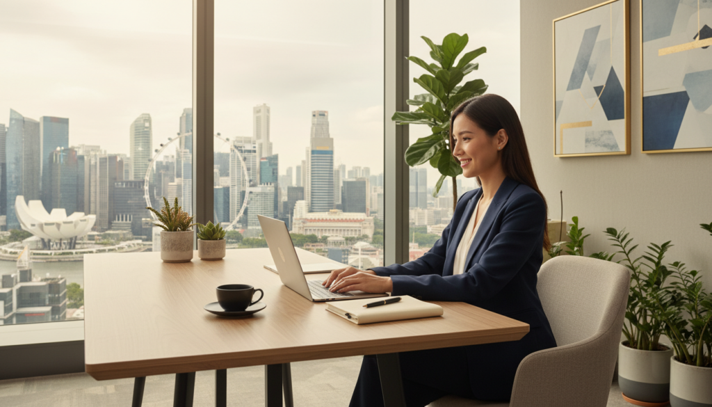 A modern, sleek virtual office setup in Singapore, featuring a stylish desk with a laptop, a notepad, and a coffee cup, all arranged neatly. In the foreground, a professional businesswoman in business attire is sitting at the desk, smiling confidently while working. The middle ground showcases a large window with a panoramic view of Singapore's skyline, bathed in soft, natural daylight that creates a warm ambiance. In the background, abstract art and potted plants add a touch of sophistication to the space. The image is captured from a slightly elevated angle, giving a sense of depth and inviting professionalism. The overall mood is one of productivity and modernity, perfectly encapsulating the essence of a virtual office.