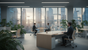 A modern virtual office environment showcasing a sleek, minimalist design. In the foreground, a professional individual dressed in smart business attire is seated at a stylish desk with a computer, focused on a video conference call. The middle layer captures a bright and inviting workspace featuring vibrant greenery, ambient lighting, and contemporary furniture, emphasizing a sense of productivity and creativity. In the background, large windows display a panoramic view of a futuristic city skyline, bathed in soft natural light. The atmosphere is dynamic yet calming, reflecting innovation and progress. The scene is photorealistic, with a balanced composition that showcases technological advancements in remote working without any distractions or text.