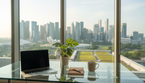 A modern virtual office scene showcasing a stylish workspace representing a virtual office address in Singapore's CBD. In the foreground, a sleek, glass desk is adorned with a laptop, potted plants, and an elegant notepad, all arranged neatly. The middle ground features a panoramic window that reveals a stunning view of iconic Singapore skyscrapers, bathed in soft natural light. The background includes hints of greenery, reflecting Singapore’s blend of urban and natural beauty. The atmosphere is vibrant and professional, with a calm and inviting ambience. The image should be photorealistic, with a bright, well-lit environment captured from a slight angle to emphasize depth and perspective. No people are included in the scene.