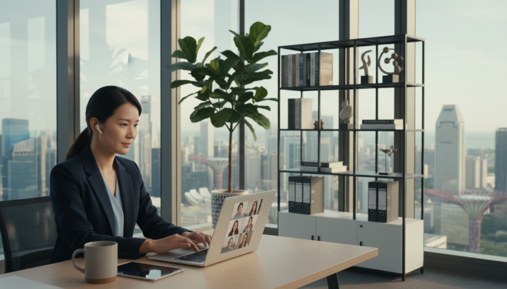 A modern virtual office setting in Singapore, showcasing a sleek workspace with a stylish desk, high-quality laptop, and an organized filing system. Foreground features a well-dressed professional in business attire, engaged in a video call, exuding focus and professionalism. In the middle ground, a lush indoor plant and a contemporary bookshelf with business books provide a touch of greenery and intellect. The background displays a panoramic view of Singapore’s skyline through large glass windows, bathed in soft, natural light from the afternoon sun. The scene is vibrant yet serene, emphasizing productivity and sophistication. The mood is inspiring and professional, capturing the essence of a virtual office space.